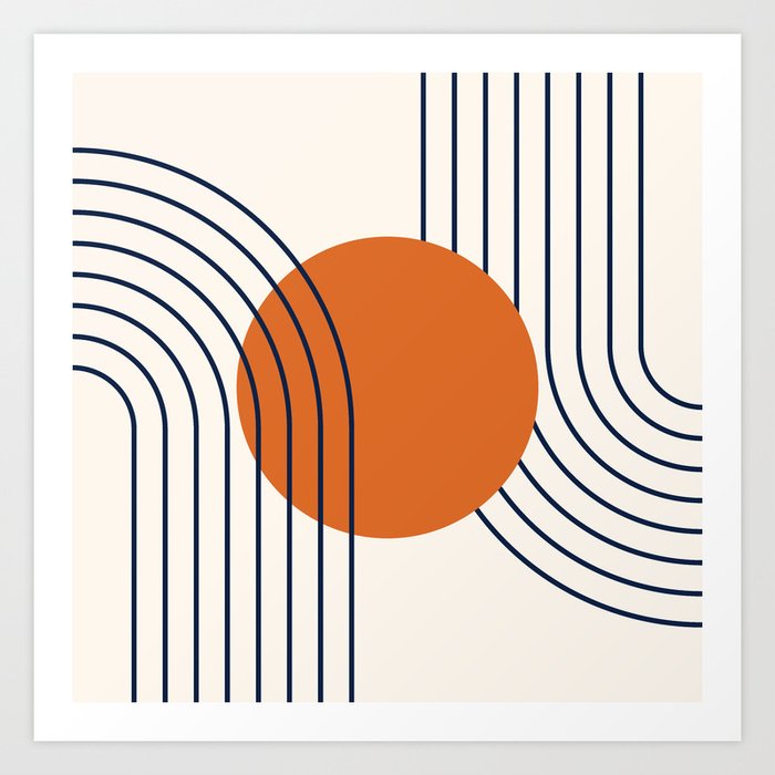 Geometric Lines in Navy Blue Orange 1 (Rainbow Abstraction) Art Print