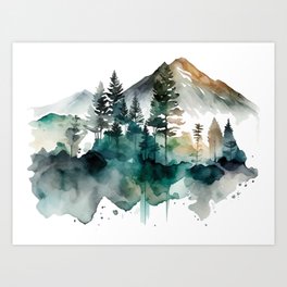 Forest Trees Mountains Nature Watercolor Art Print