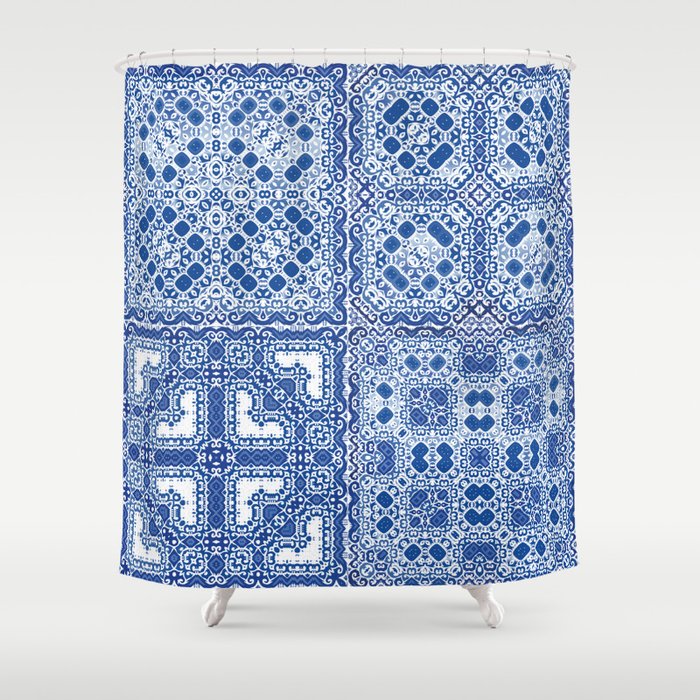 Traditional ornate portuguese azulejos. Fashionable design. Kit of vintage seamless patterns. Blue abstract background Shower Curtain