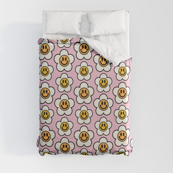 Bold And Funky Flower Smileys Pattern (Pink BG) Duvet Cover