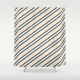 [ Thumbnail: Bisque, Blue, and Aquamarine Colored Lines Pattern Shower Curtain ]