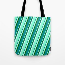 [ Thumbnail: Dark Green, Dark Cyan, Light Cyan, and Aquamarine Colored Lined Pattern Tote Bag ]