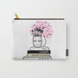 Girly illustration of fashion books flowers and cosmetic brushes Carry-All Pouch | Fashionsketch, Woman, Beauty, Fashiondesign, Digital, Flowers, Vanity, Girlydecor, Fashion, Officedecor 