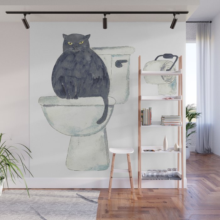 Black Cat toilet Painting Wall Poster Watercolor Wall Mural