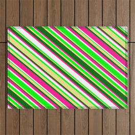 [ Thumbnail: Eye-catching Deep Pink, White, Lime, Tan & Dark Green Colored Lined/Striped Pattern Outdoor Rug ]