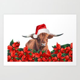Highland Cow Santa Claus - Wreath Merry Christmas Art Print