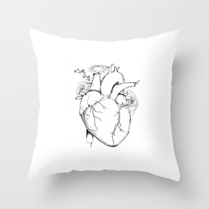 Black and White Anatomical Heart Throw Pillow