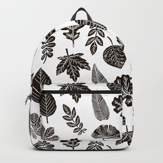 Linocut leaves fall autumn black and white home decor seasonal patterns Backpack
