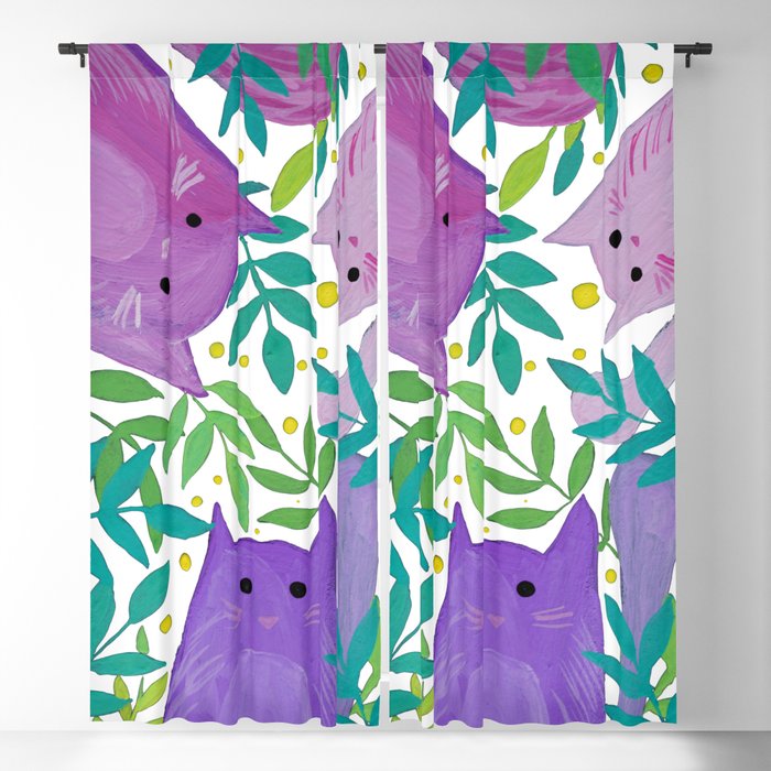 Cats and branches - purple and green Blackout Curtain