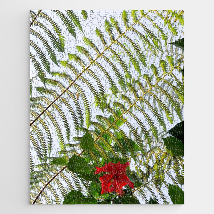 Red Hibiscus Flowers Blooming With Fern Jigsaw Puzzle