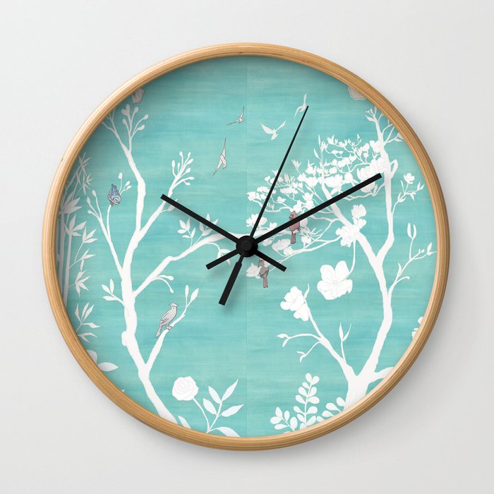 Chinoiserie Panels 1-2 White Scene on Teal Raw Silk - Casart Scenoiserie Collection Wall Clock