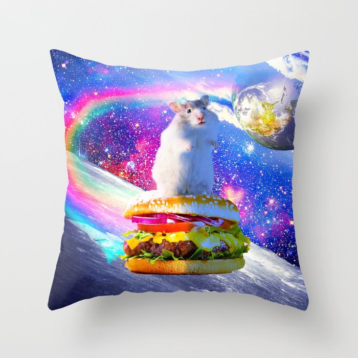 Rainbow Space Hamster Riding Burger Throw Pillow