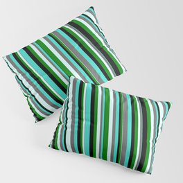 [ Thumbnail: Eyecatching Turquoise, Dim Grey, Light Cyan, Green & Black Colored Striped Pattern Pillow Sham ]