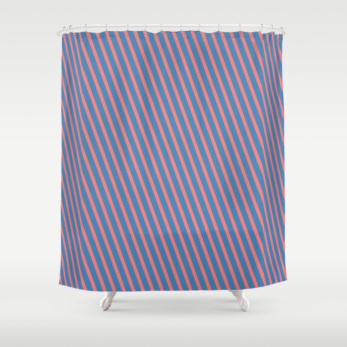 Light Coral & Blue Colored Striped/Lined Pattern Shower Curtain