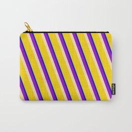 [ Thumbnail: Vibrant Green, Blue, Dark Violet, Bisque & Yellow Colored Striped Pattern Carry-All Pouch ]