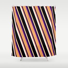 [ Thumbnail: Indigo, Brown, White & Black Colored Striped Pattern Shower Curtain ]
