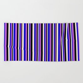 [ Thumbnail: Orchid, Blue, Beige & Black Colored Lines Pattern Beach Towel ]