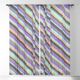 [ Thumbnail: Eye-catching Black, Dim Grey, Purple, Aquamarine & Brown Colored Stripes/Lines Pattern Sheer Curtain ]
