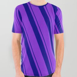 [ Thumbnail: Dark Blue and Purple Colored Lined/Striped Pattern All Over Graphic Tee ]