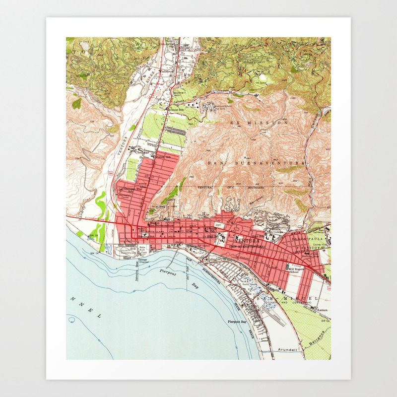 Vintage Map Of Ventura California 1951 Art Print By Bravuramedia Society6