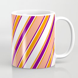 [ Thumbnail: Light Salmon, Purple, White, and Dark Orange Colored Stripes Pattern Coffee Mug ]