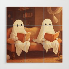 two cute ghosts reading books in a cozy library armchair setting Wood Wall Art
