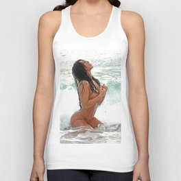 9425-SS Wet Woman Nude Beach Sand Surf Big Breasts Long Black Hair Sexy Erotic Art Tank Top