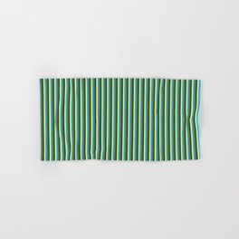 [ Thumbnail: Pale Goldenrod, Deep Sky Blue, Sienna & Dark Green Colored Lined/Striped Pattern Hand & Bath Towel ]