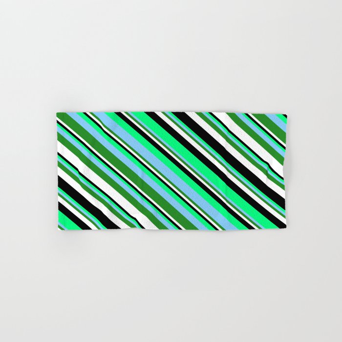 Eyecatching Green, Light Sky Blue, Forest Green, White, and Black Colored Lines Pattern Hand & Bath Towel