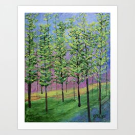 Enchanted Forest Art Print | Modern, Sunset, Paletteknife, Pink, Landscape, Trees, Happy, Mountains, Forest, Nationalpark 