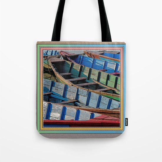 COLORFUL CANOES ALONG PHEWA LAKE SHORELINE POKHARA NEPAL Tote Bag