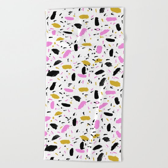 Terrazo cute pink black and white gender neutral modern abstract pattern painting painterly boho art Beach Towel