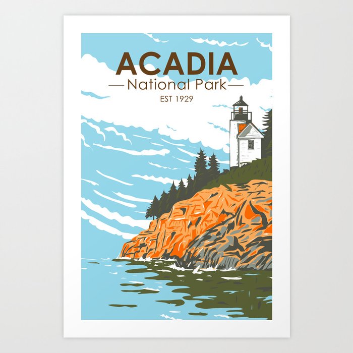 Acadia National Park Bar Harbor Lighthouse Maine Vintage Art Print