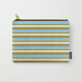 [ Thumbnail: Light Sky Blue, Dark Goldenrod, and Light Yellow Colored Lined/Striped Pattern Carry-All Pouch ]