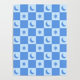 Star And Moon - Checkered Pattern - Blue Poster