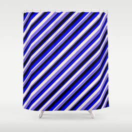 [ Thumbnail: Blue, Beige, Medium Slate Blue & Black Colored Stripes Pattern Shower Curtain ]