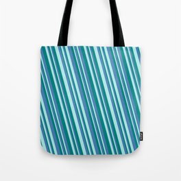 [ Thumbnail: Turquoise, Teal, and Blue Colored Lined/Striped Pattern Tote Bag ]