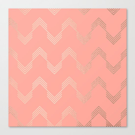 Simply Deconstructed Chevron White Gold Sands on Salmon Pink Canvas Print