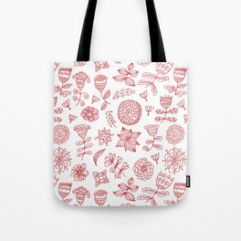 Cute pattern with red doodle flowers on white background. Seamless texture Tote Bag