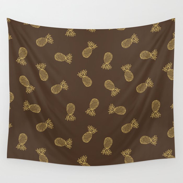 Yellow Pineapple Ink on Brown Wall Tapestry