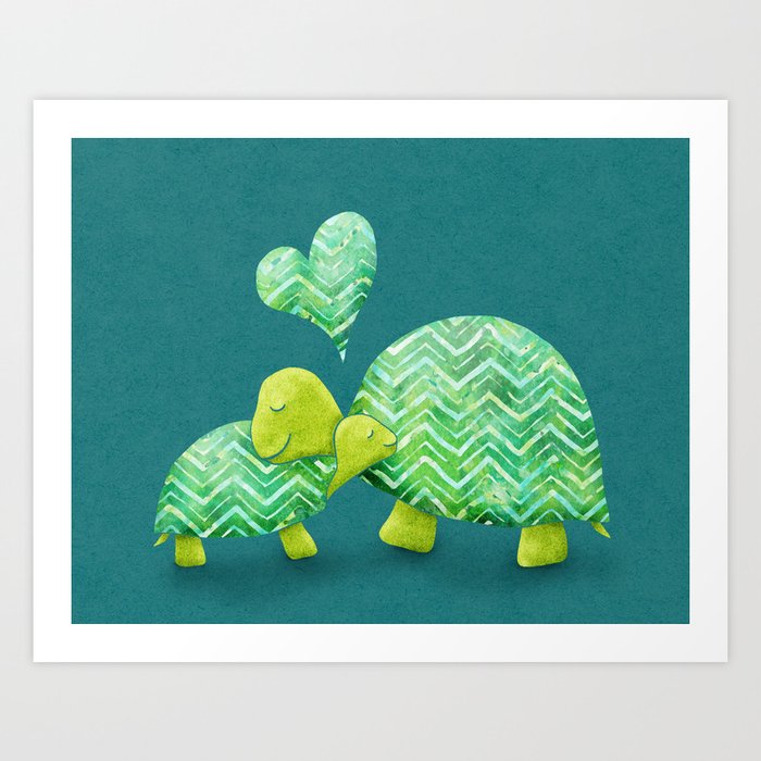 Sweet Turtle Hugs with Heart in Teal and Lime Green Art Print