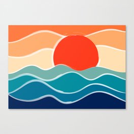 Retro 70s and 80s Color Palette Mid-Century Minimalist Nature Waves and Sun Abstract Art Canvas Print