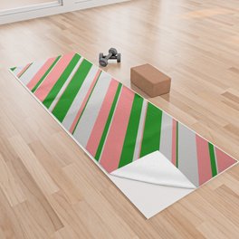 [ Thumbnail: Light Grey, Green & Light Coral Colored Lines/Stripes Pattern Yoga Towel ]