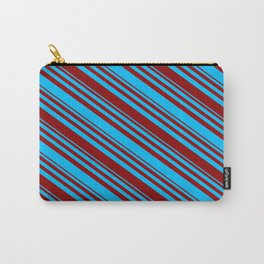 [ Thumbnail: Deep Sky Blue and Dark Red Colored Lined Pattern Carry-All Pouch ]