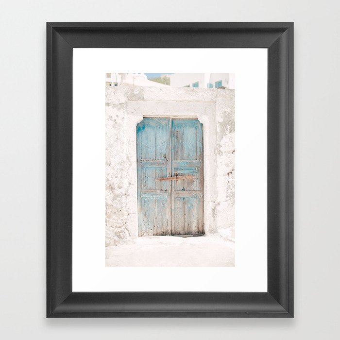 Santorini 0007: Blue door, Pyrgos, Santorini, Greece, Pastel travel photography art print Framed Art Print