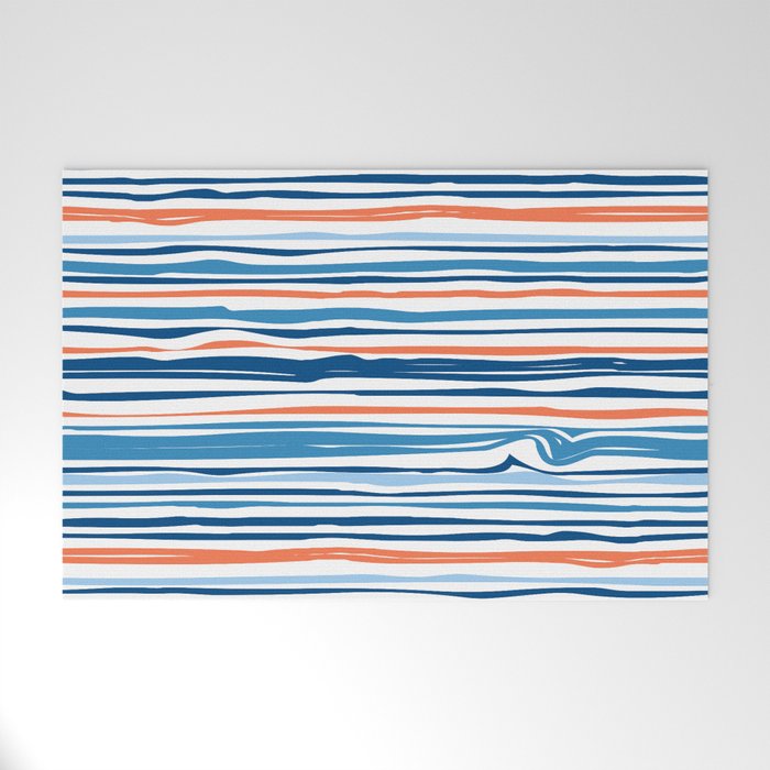 Modern Abstract Ocean Wave Stripes in Classic Blues and Orange Welcome Mat
