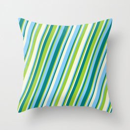 [ Thumbnail: Teal, Green, Beige & Light Sky Blue Colored Stripes/Lines Pattern Throw Pillow ]