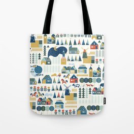 Seamless pattern with scandinavian village in pastel colors. Hygge cozy house inspired by scandinavian folk art. Pattern with colorful buildings on light background. Illustration with nordic village.  Tote Bag