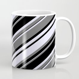 [ Thumbnail: Dim Gray, Black & Lavender Colored Stripes Pattern Coffee Mug ]