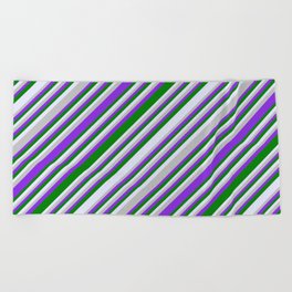 [ Thumbnail: Grey, Purple, Green & Lavender Colored Lines/Stripes Pattern Beach Towel ]